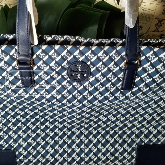 Ella Mixed Print Tote Navy Red Blue Tory Burch Brand New - Picture 3 of 6